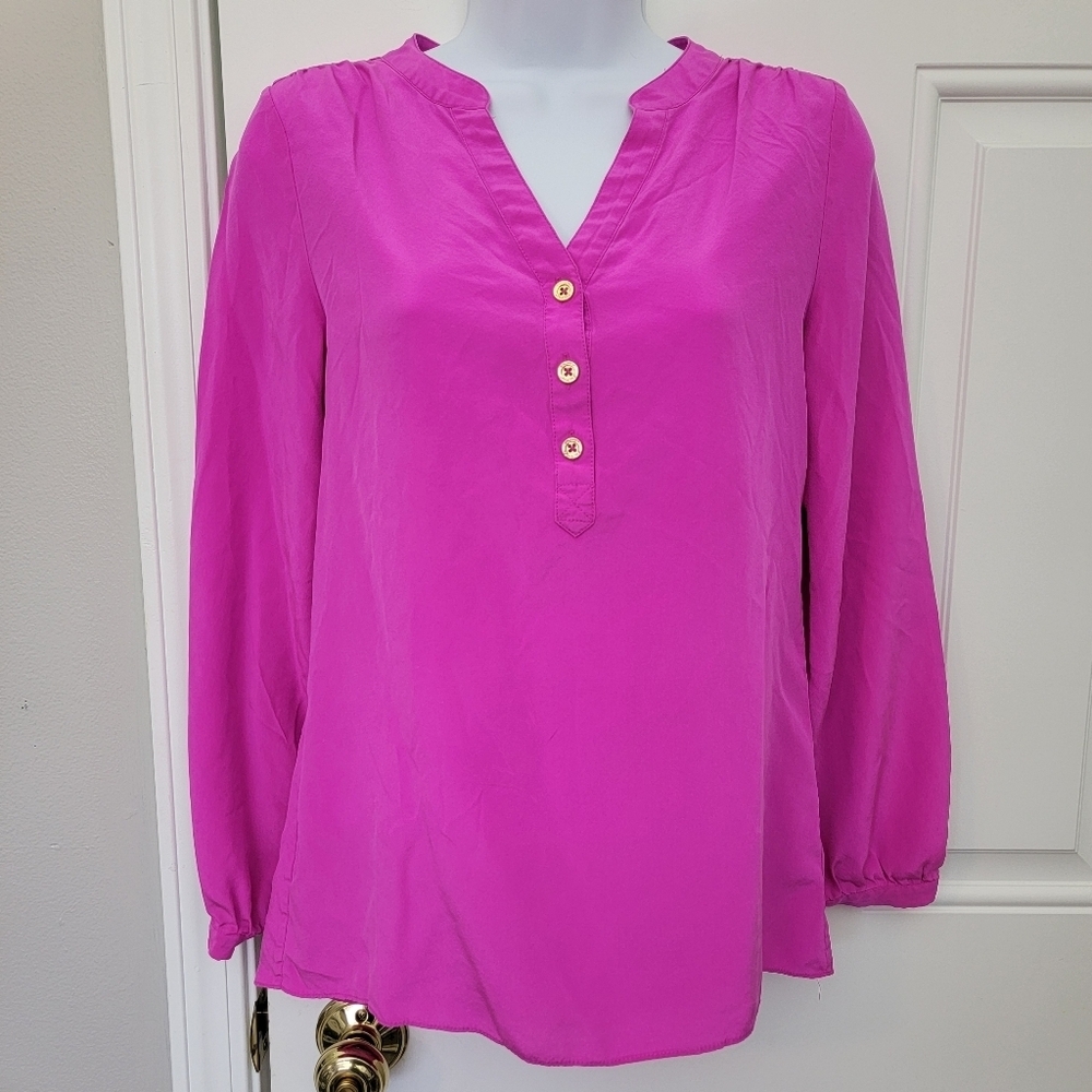 Lilly Pulitzer 100% Silk Long Sleeve Blouse Fuschia Magenta Check Measurements